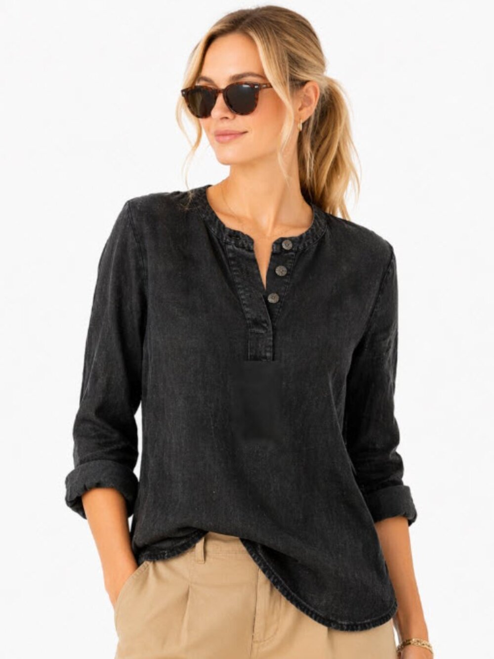 J.Crew Black Linen Henley Shirt Button Front Lightweight Casual Size Medium